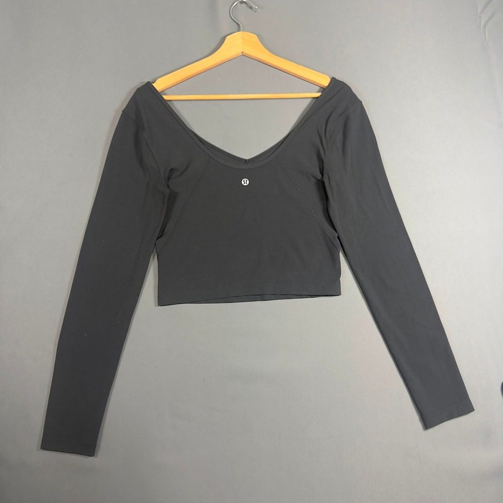 Lululemon Align Long Sleeve Crop Top Womens Size 6 Black V Neck Yoga Nulu - Picture 2 of 3